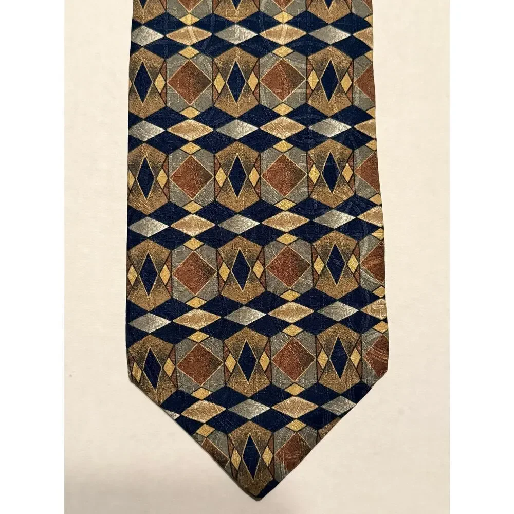 Geoffrey Beene 100% Italian Silk Necktie, Olive‎ Brown Black Geometric Design